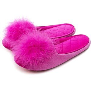 Women's Velvet Pom Pom Pink Memory Foam Knit Non Slip Sole Slippers Shoes